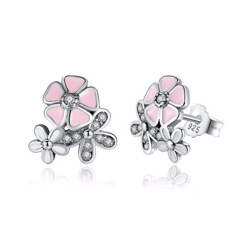 Ronux jewel white Daisy flower and pink Cherry Blossom Sterling Silver Stud Earrings with cubic zirconia 