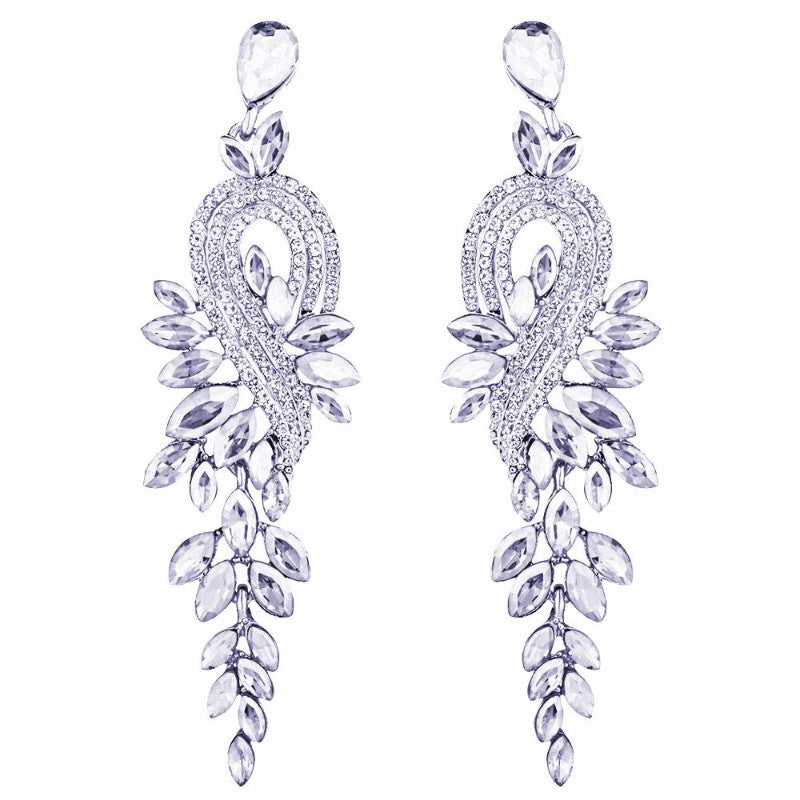 Ronux Jewel trendy sparkling long earrings for women, luxury fashion clear crystal leaf long large drop earrings, Party earrings