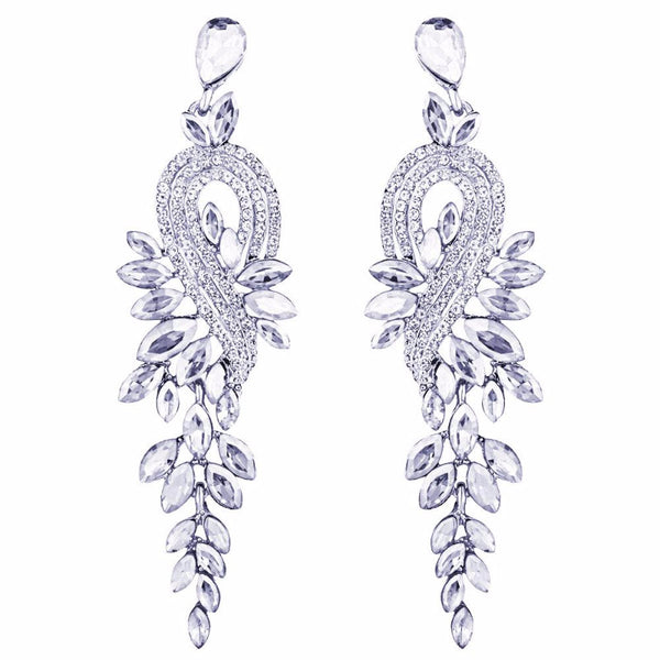 Ronux Jewel trendy sparkling long earrings for women, luxury fashion clear crystal leaf long large drop earrings, Party earrings