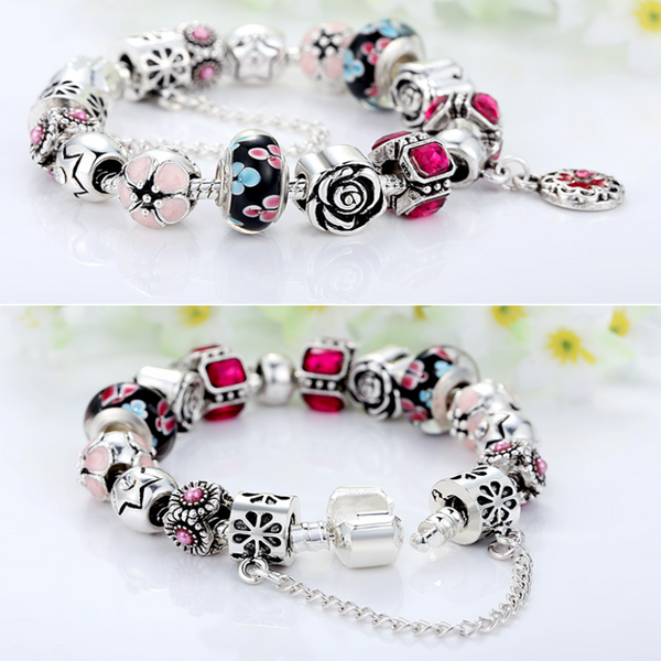Ronux jewel star and rose flower beads in blue and pink friendship charm bracelet for women