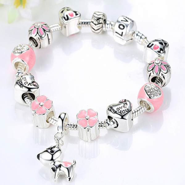 Ronux jewel heart and flower lovely dog bead in pink and silver love charm bracelet, friendship bracelet, animal lovers jewellery