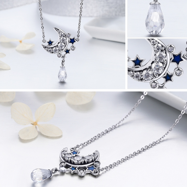 Ronux Jewel women 925 sterling silver moon crescent and blue stars crystal pendant necklace 