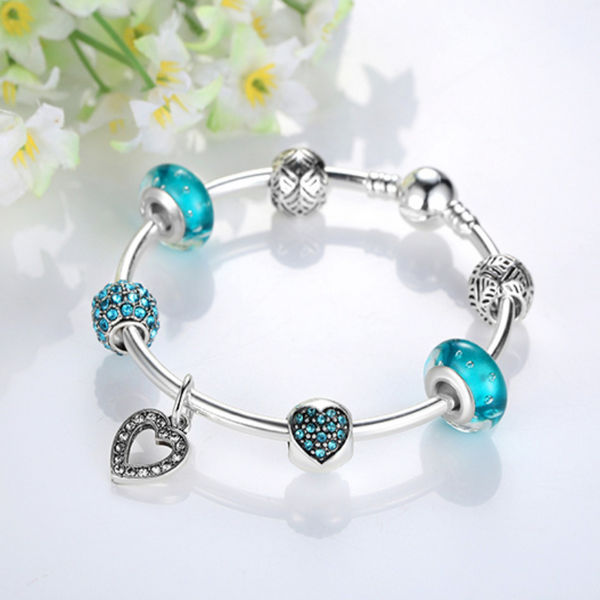 Ronux jewel friendship heart pendant and ball beads charm bracelet in blue and silver