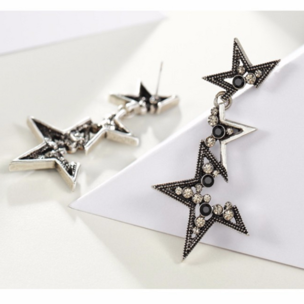 Ronux jewel modern linked stars silver drop earrings, vintage long earrings for women