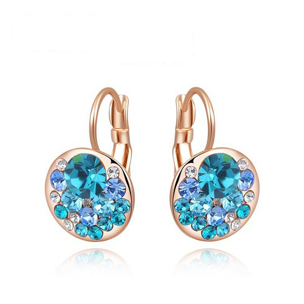 Ronux Jewel women fashion rose gold round shape geometric stud earrings with oceanic blue crystals