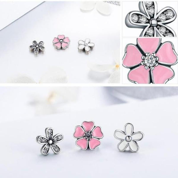 Ronux Jewel women 925 sterling silver charm long necklace, pink and white Cherry Blossom and daisy flower Pendant Necklace