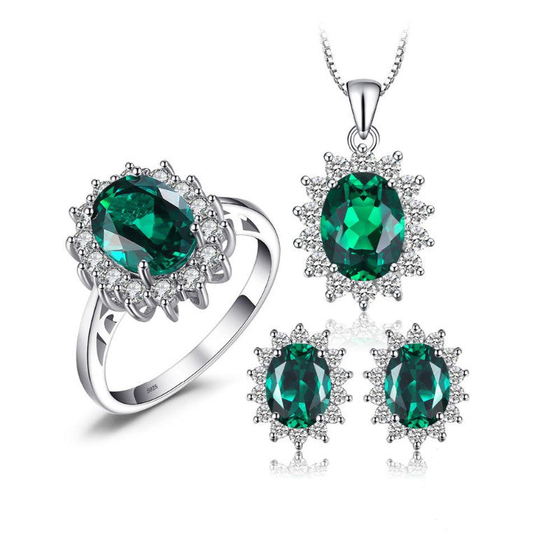Ronux Jewel bridal gemstone jewellery gift set, sterling silver luxurious oval shape green Emerald 3 piece Jewellery Set including pendant necklace, ring, stud earrings