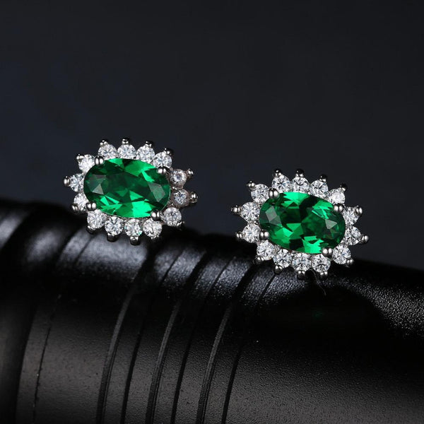 Ronux Jewel bridal gemstone jewellery gift set, sterling silver luxurious oval shape green Emerald stud earrings