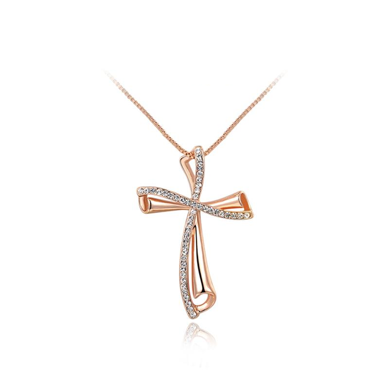 Ronux Jewel affordable trendy rose gold crystal cross shape bow pendant necklace for women