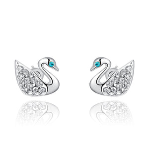 Ronux Jewel fashion small stud earrings, animal lovers cute earrings, women swan bird shape silver stud earrings with clear crystal and blue eyes