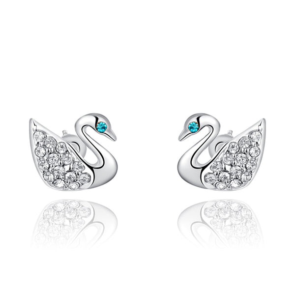 Ronux Jewel fashion small stud earrings, animal lovers cute earrings, women swan bird shape silver stud earrings with clear crystal and blue eyes