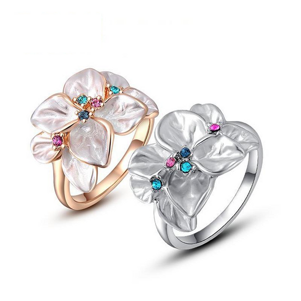 Ronux Jewel affordable trendy women rose gold and silver flower leaves ring with colourful crystals and rhinestone 