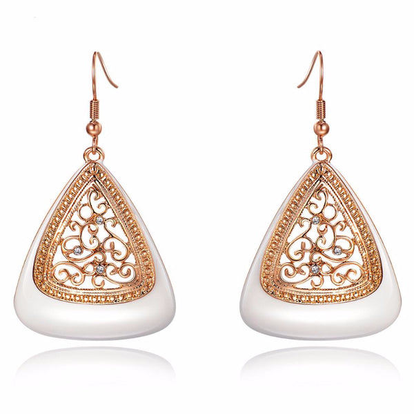 Ronux Jewel fashionable rose gold drop earrings with rhinestone and cream enamel crafts pendant for women