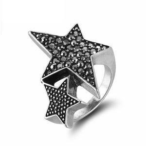 Ronux jewel women two linked star silver cocktail wide ring, vintage ring for women