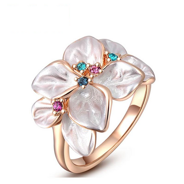 Ronux Jewel affordable trendy women rose gold flower leaves ring with colourful crystals and rhinestone 