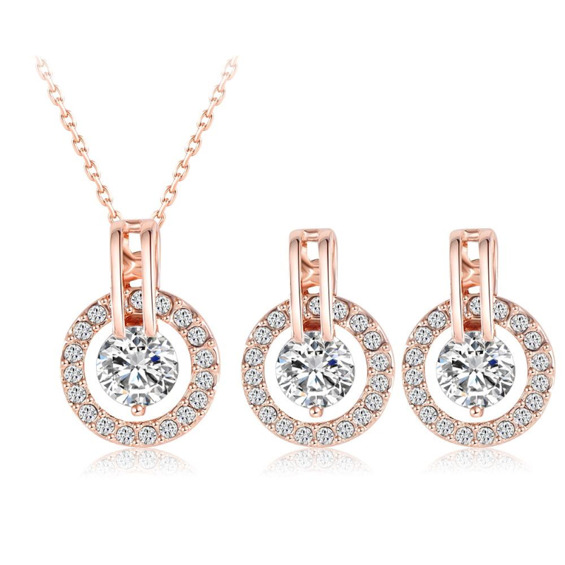 Ronux Jewel Rose Gold classic round shape 2 piece jewellery set including pendant necklace and earrings, bridesmaid fine jewellery set