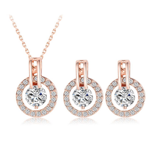Ronux Jewel Rose Gold classic round shape 2 piece jewellery set including pendant necklace and earrings, bridesmaid fine jewellery set