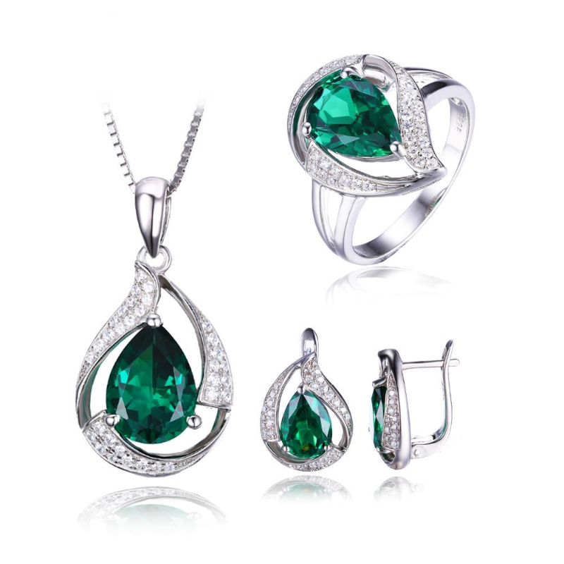 Ronux Jewel Women Bridal 925 sterling silver luxurious Jewellery Set,  pendant necklace, ring, clip earrings, real green emerald gemstone, wedding ring, engagement ring, wedding fine jewellery 