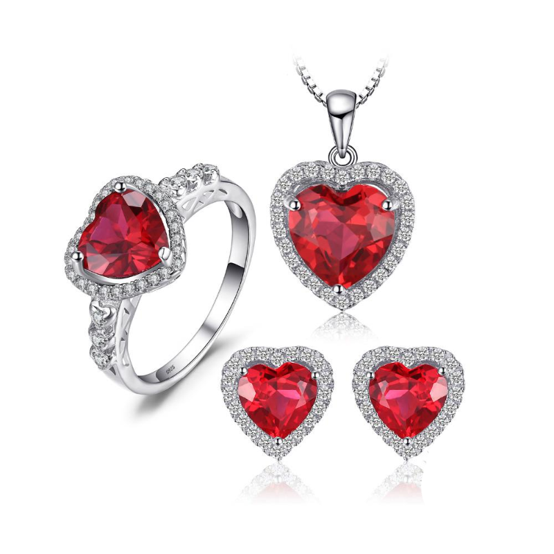 Ronux Jewel bridal gemstone jewellery gift set, sterling silver luxurious heart shape red ruby 3 piece Jewellery Set including pendant necklace, ring, stud earrings