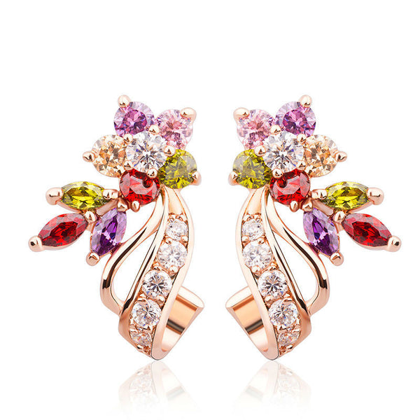 Ronux Jewel floral flower shape rose gold stud earrings with sparkling clear colourful cubic zirconia, fashionable gemstone stud earrings