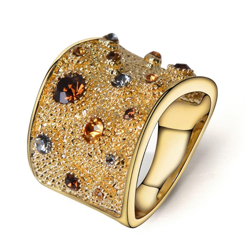 Ronux Jewel trendy Avant-garde gold colour women geometric wide thick ring with multicolour crystal and rhinestone  