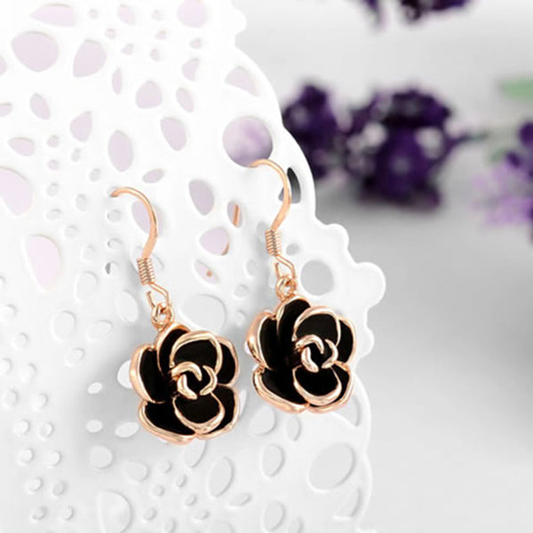 Ronux Jewel women rose gold black rose flower shape drop earrings for everyday wear, rose gold flower drop earrings