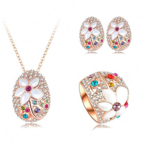 Ronux Jewel women fashionable cheap Bridal set, colourful flower shape rose gold 3 piece Jewellery Set including pendant necklace, ring and earrings