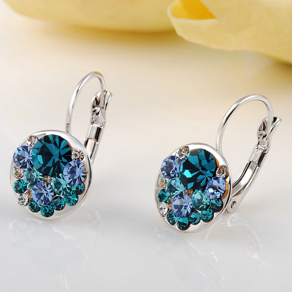 Ronux Jewel women fashion silver round shape geometric stud earrings with oceanic blue crystals
