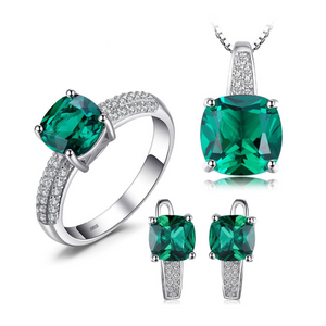 Ronux Jewel classic bridal gemstone jewellery gift set, sterling silver luxurious green Emerald 3 piece Jewellery Set including pendant necklace, ring, clip earrings