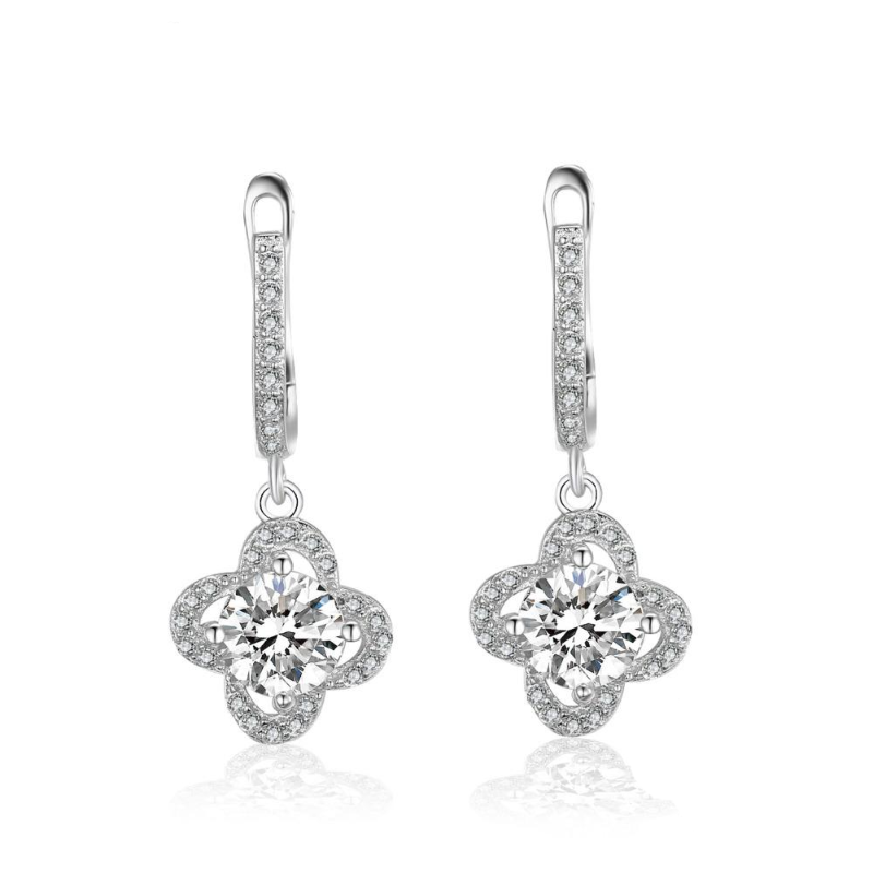 women 925 sterling silver cubic zirconia crystal clover leave shape drop earrings, flower shape long drop bridal earrings