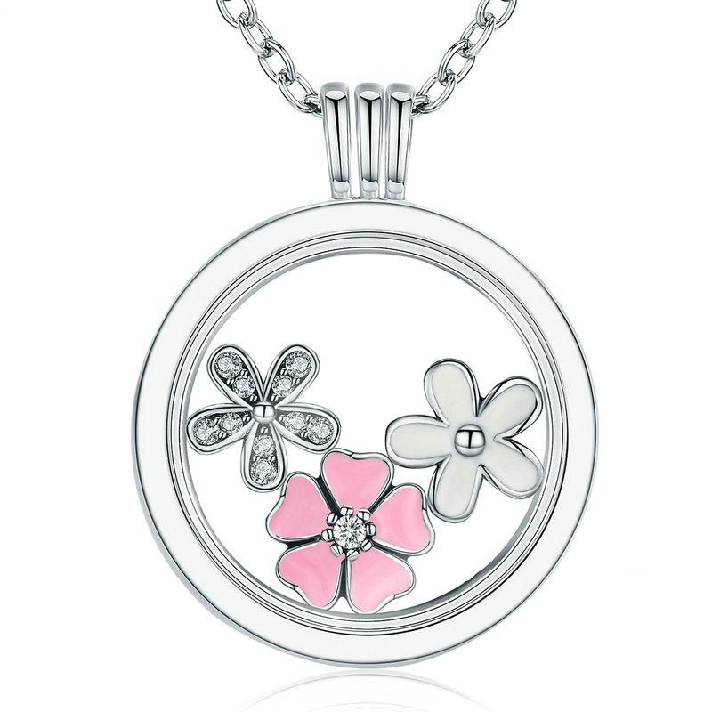 Ronux Jewel women 925 sterling silver charm long necklace, pink and white Cherry Blossom and daisy flower Pendant Necklace