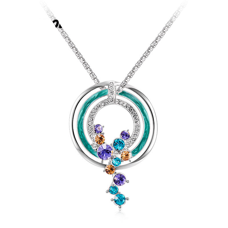 Ronux jewel blue round moon pendant necklace with hanging colourful rhinestones for women