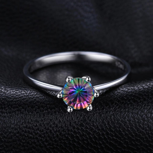 Ronux Jewel bridal gemstone wedding ring, sterling silver luxurious round shape rainbow mystic topaz engagement ring