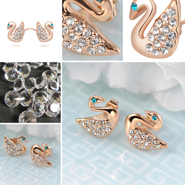 Ronux Jewel fashion small stud earrings, animal lovers cute earrings, women swan bird shape rose gold stud earrings with clear crystals and blue eyes