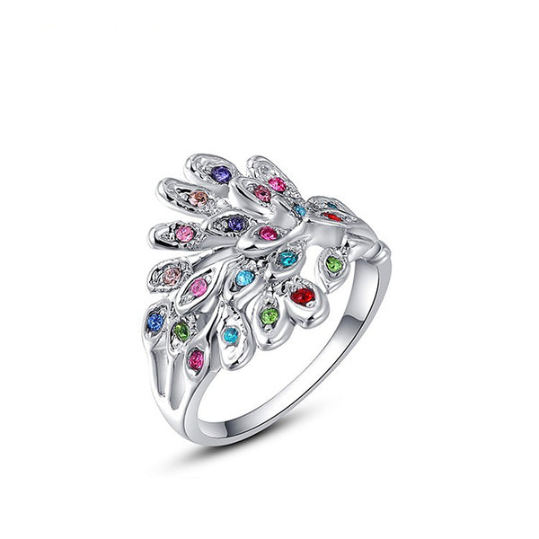  Ronux Jewel affordable fashionable colourful Austrian crystal feather shape silver ring 