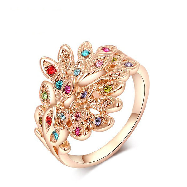  Ronux Jewel affordable fashionable colourful Austrian crystal feather shape rose gold ring 