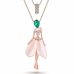 Ronux  jewel Cute Double layer rose gold Long Chain Necklace with Ring and pink Fairy pendant for girls and women