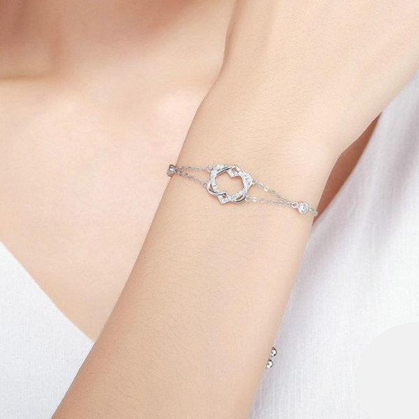 Ronux jewel 925 sterling silver twisted double heart shape bracelet with cubic zirconia stones, friendship love bracelet