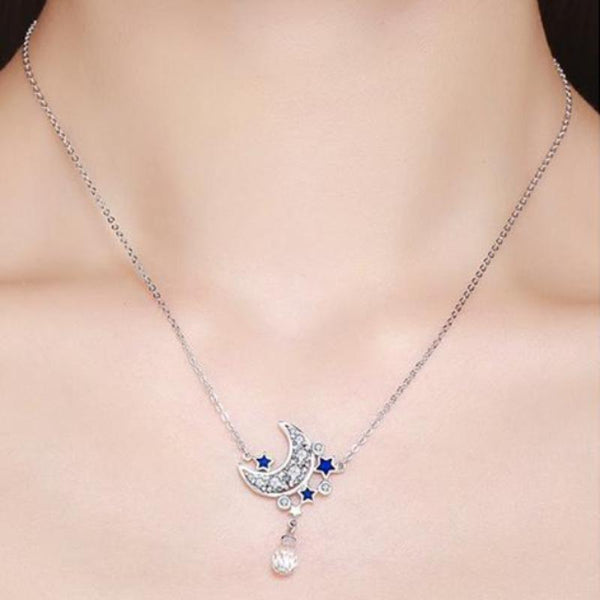 Ronux Jewel women 925 sterling silver moon crescent and blue stars crystal pendant necklace 