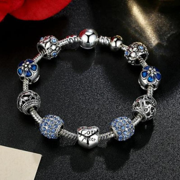 Ronux jewel heart and flower bead blue and silver crystal charm bracelet, friendship bracelet