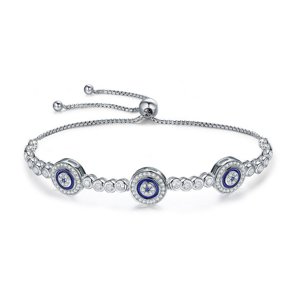 Ronux jewel women 925 sterling silver bracelet with 3 blue lucky eyes charms embellished with cubic zirconia stones