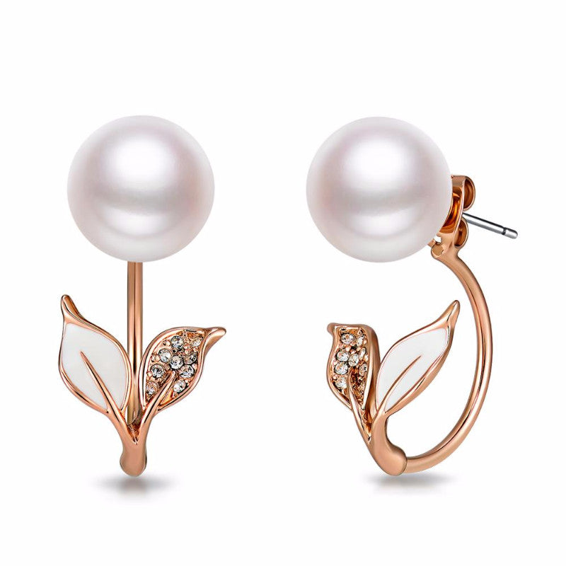 Ronux jewel luxury fashion white pearl rose gold flower stud earrings for women