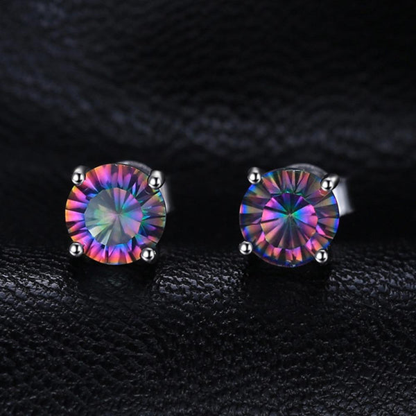 Ronux Jewel bridal gemstone jewellery gift set, sterling silver luxurious round shape rainbow mystic topaz stud earrings