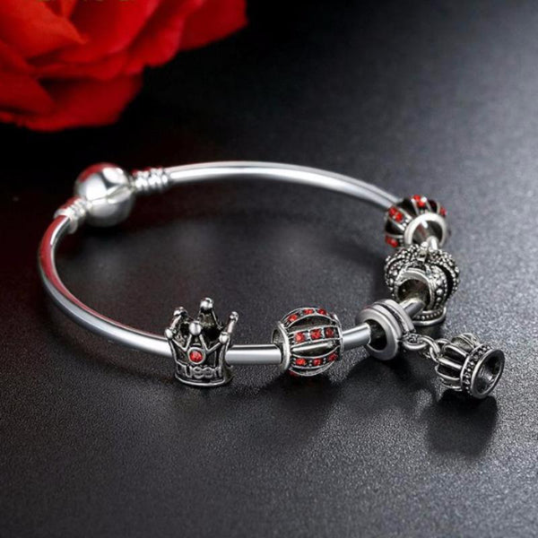 Ronux jewel red crystal pendant crown and ball silver charm bracelet for women 