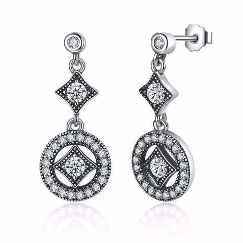 Ronux jewel 925 sterling silver classic round shape geometric drop earrings with cubic zirconia for women