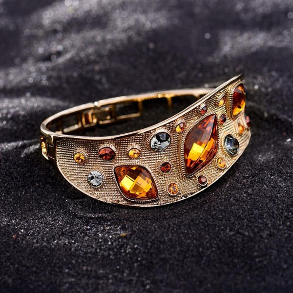 Ronux jewel fashionable coffee gold vintage thick bangle with orange crystals and colourful rhinestones for women