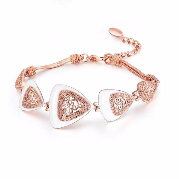 Ronux jewel women fashion rose gold rhinestone and white enamel crafts vintage triangle shape bracelet