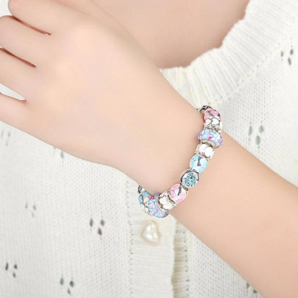 Ronux jewel heart and flower and star bead blue and silver and pink crystal love charm bracelet, friendship bracelet