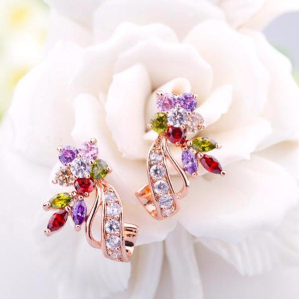 Ronux Jewel floral flower shape rose gold stud earrings with sparkling clear colourful cubic zirconia, fashionable gemstone stud earrings