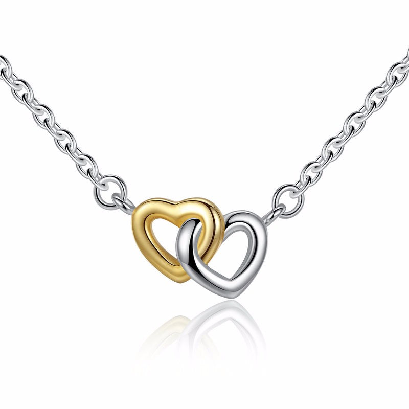 Ronux jewel 925 sterling silver necklace with gold and silver united interlinked hearts pendant for women